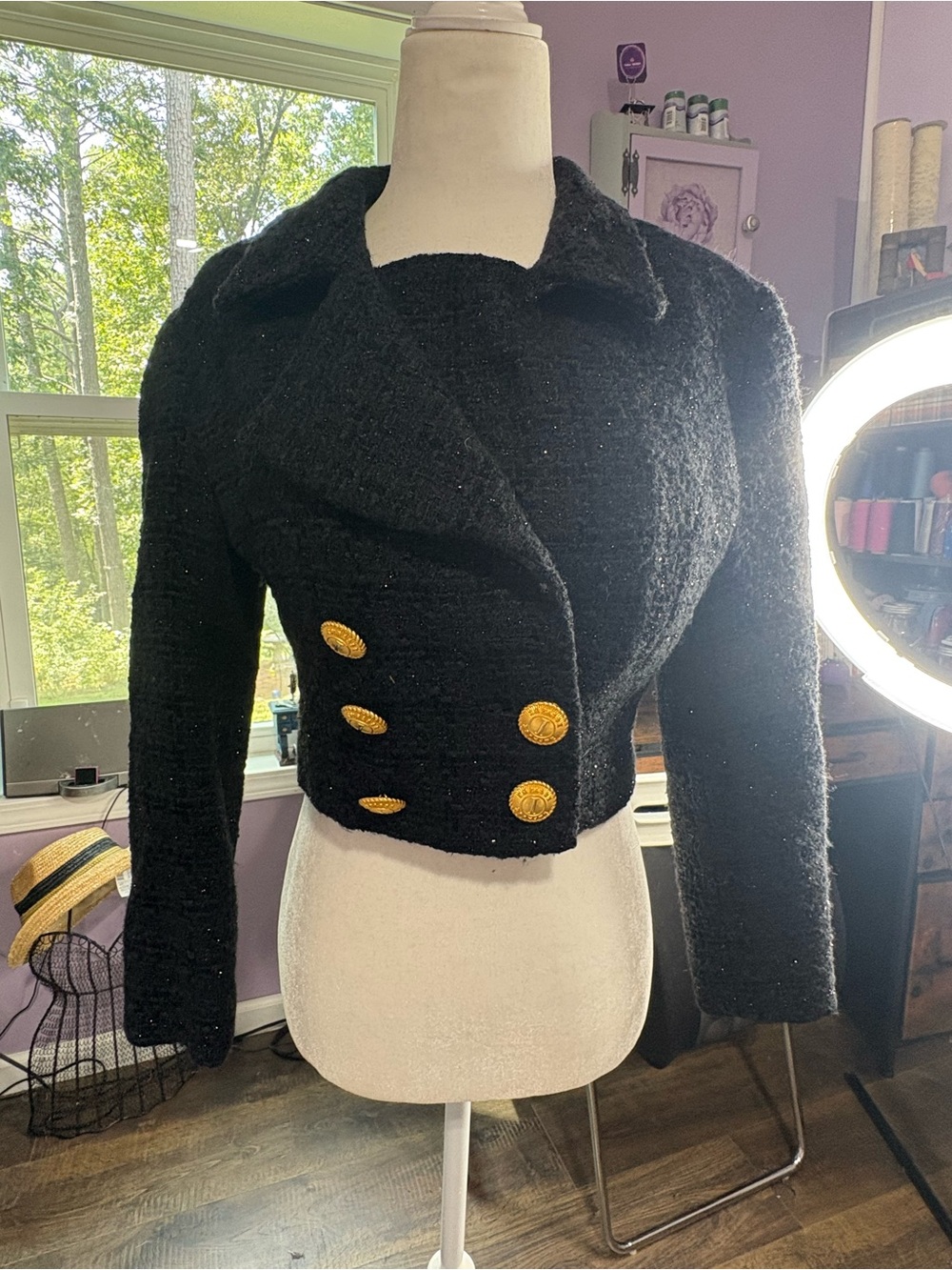 Cropped Black Double-Breasted Bouclé Blazer with Gold Buttons